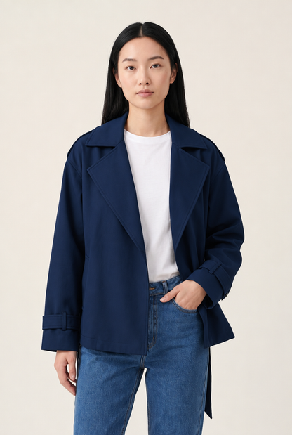 Lapel Belted Trench Jacket in Dark Blue