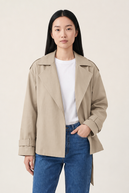 Lapel Belted Trench Jacket in Beige