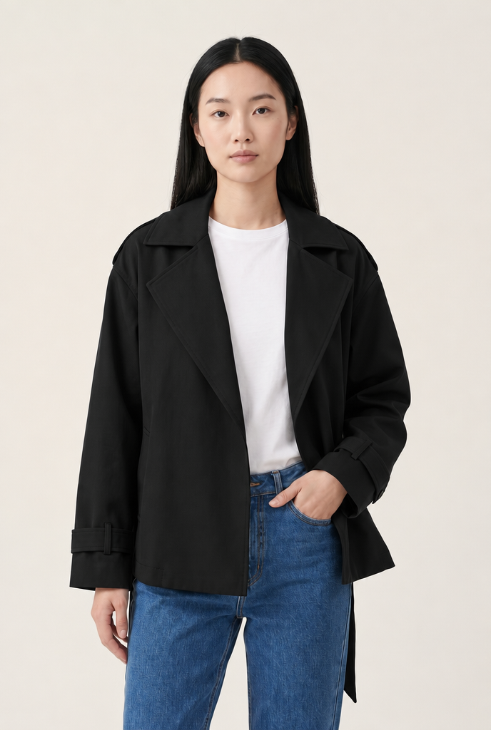 Lapel Belted Trench Jacket in Black