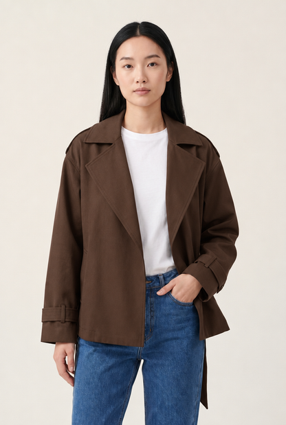 Lapel Belted Trench Jacket in Brown