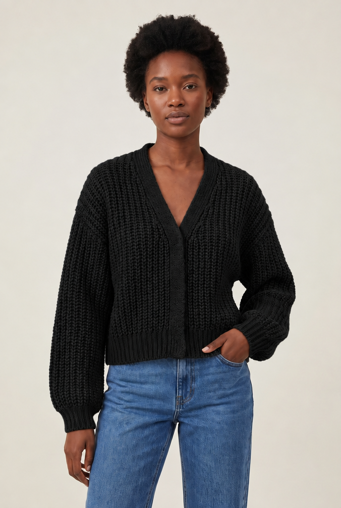 Lantern Sleeve Vintage Cardigan in Black