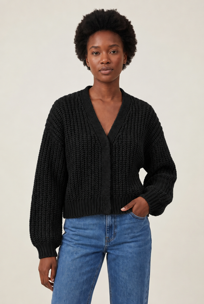 Lantern Sleeve Vintage Cardigan in Black