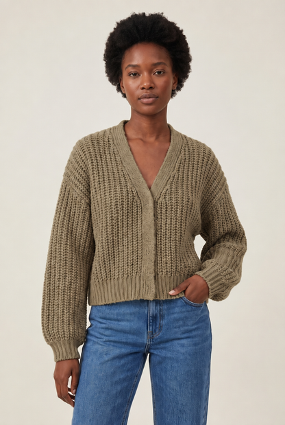 Lantern Sleeve Vintage Cardigan in Khaki