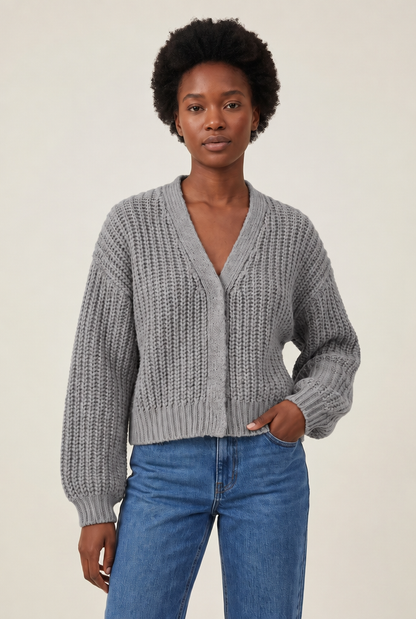 Lantern Sleeve Vintage Cardigan in Grey