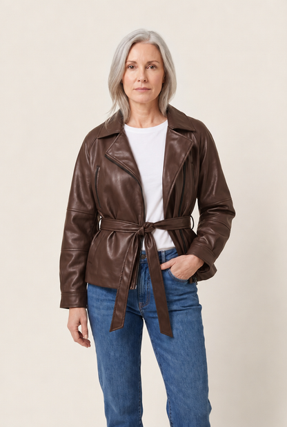 Faux Leather Belted Moto Jacket in Brown
