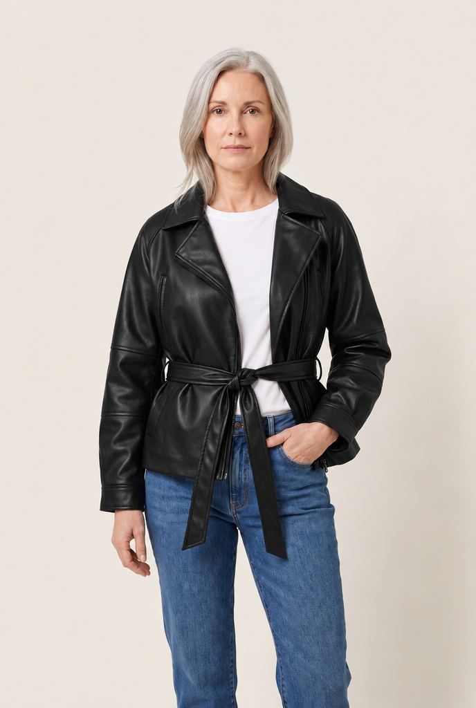 Faux Leather Belted Moto Jacket in Black
