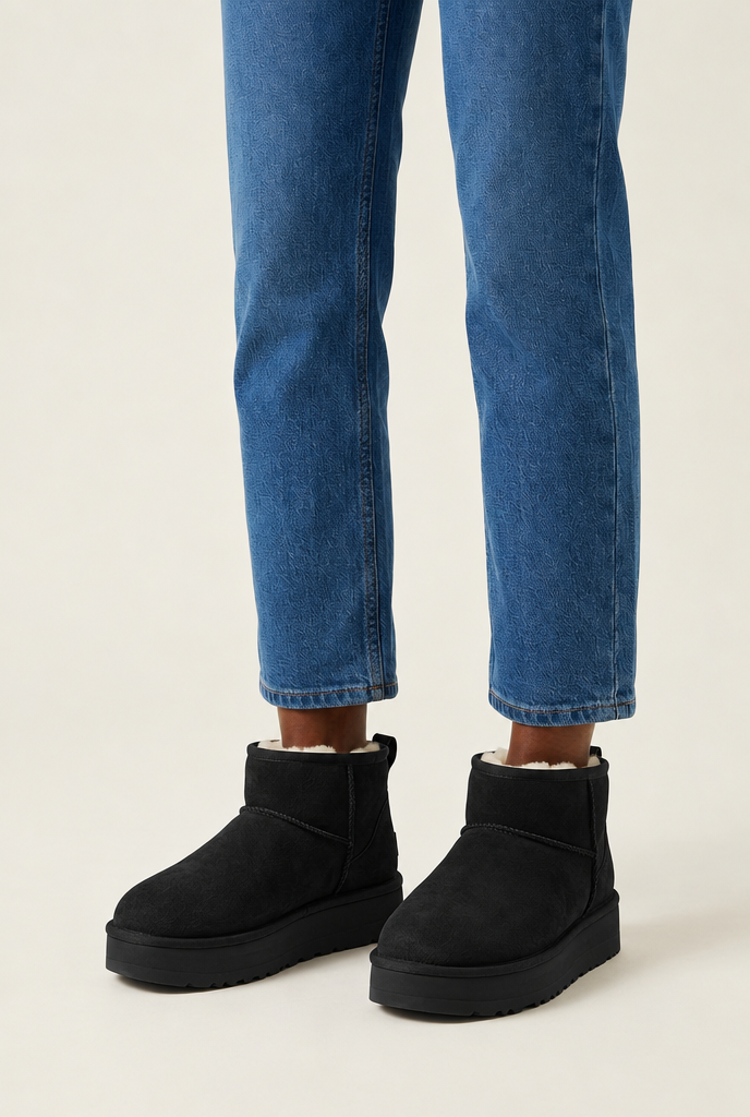 Sheepskin Wool-Lined Snow Boots in Black