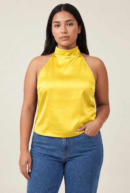 Halter Satin Backless Corset Top in Yellow