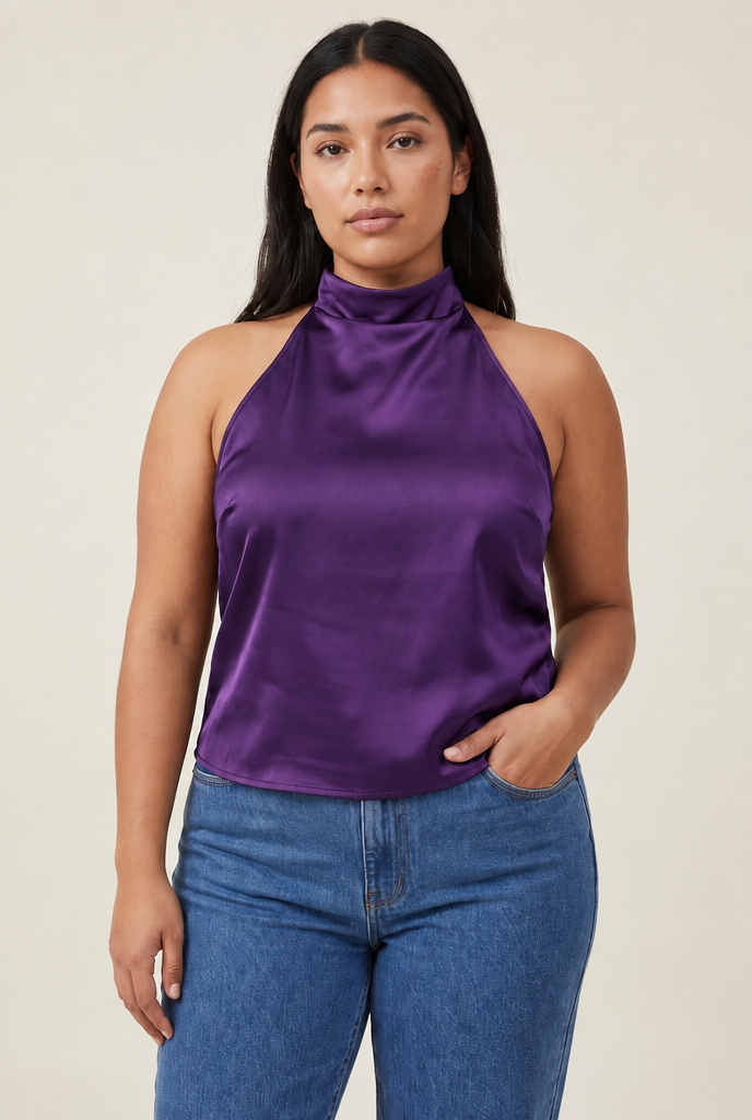 Halter Satin Backless Corset Top in Purple