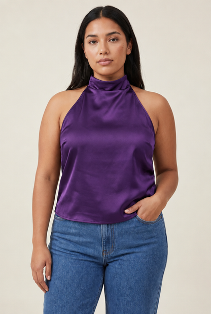 Halter Satin Backless Corset Top in Purple