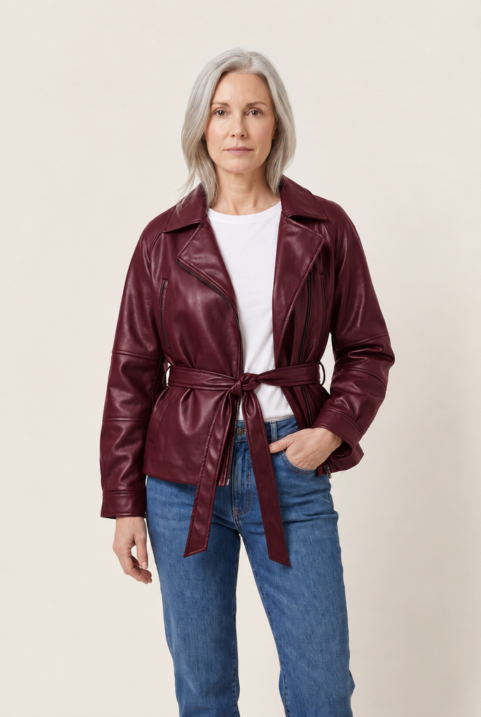 Faux Leather Belted Moto Jacket in Wine Red