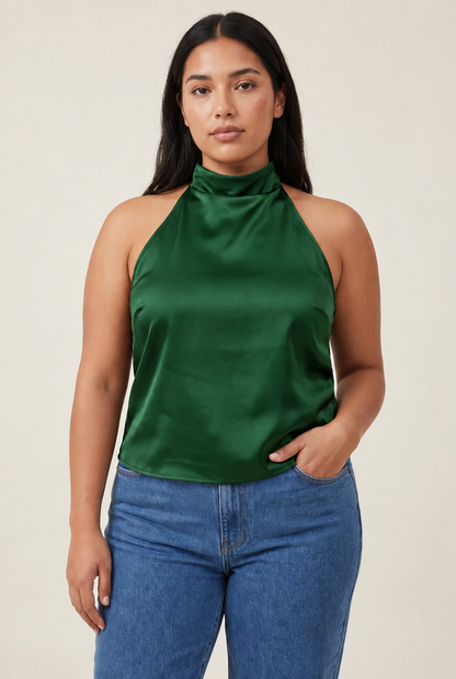 Halter Satin Backless Corset Top in Green
