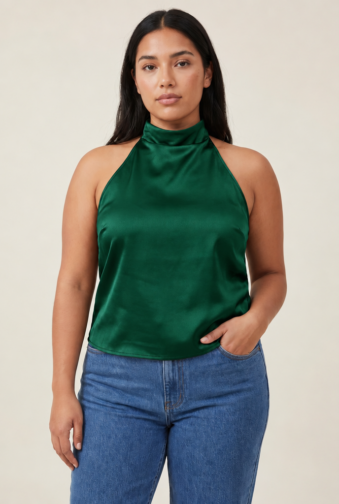 Halter Satin Backless Corset Top in Emerald Green