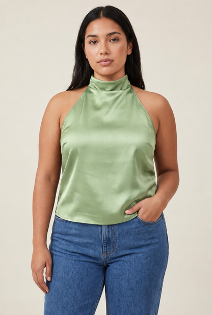 Halter Satin Backless Corset Top in Light Green