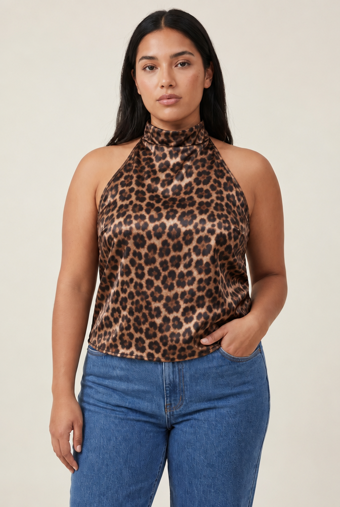 Halter Satin Backless Corset Top in Leopard