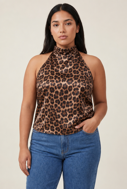 Halter Satin Backless Corset Top in Leopard