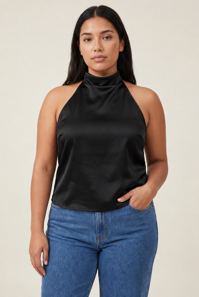Halter Satin Backless Corset Top in Black