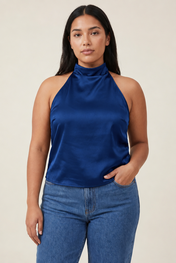 Halter Satin Backless Corset Top in Deep Blue