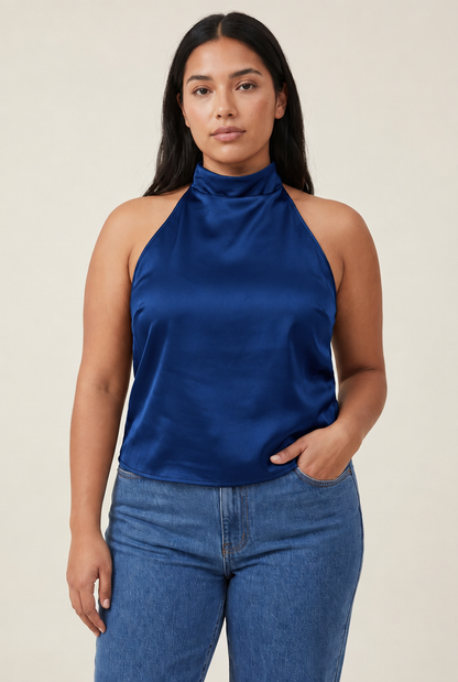 Halter Satin Backless Corset Top in Deep Blue