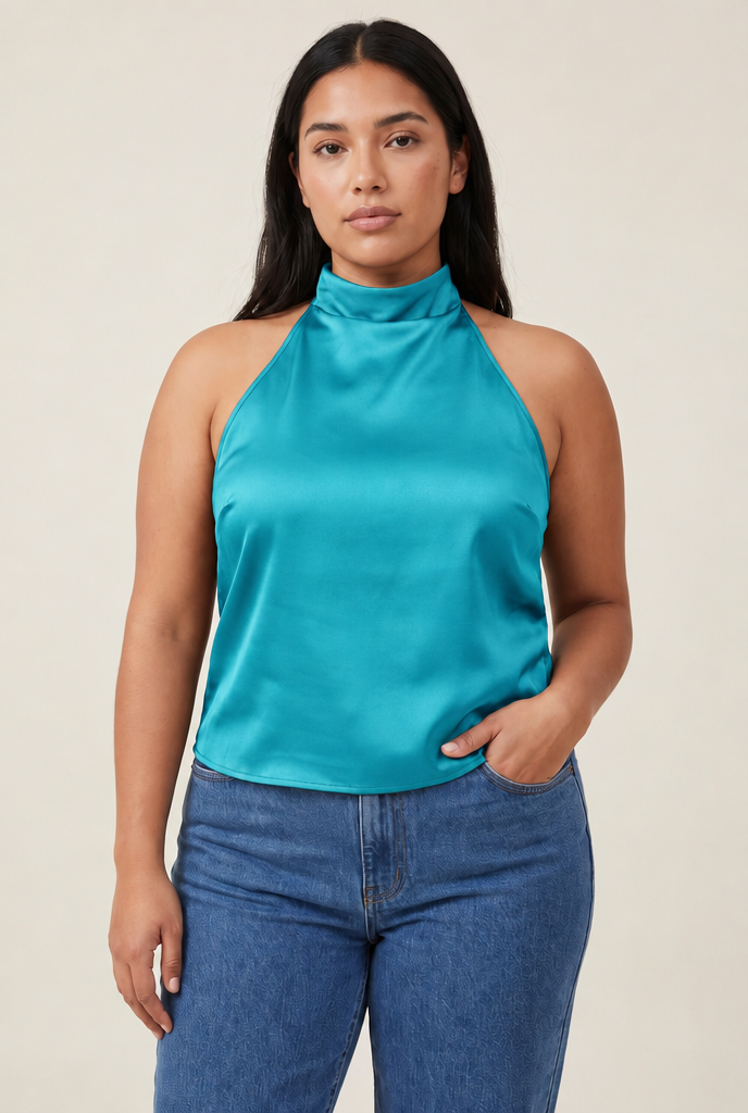 Halter Satin Backless Corset Top in Turquoise