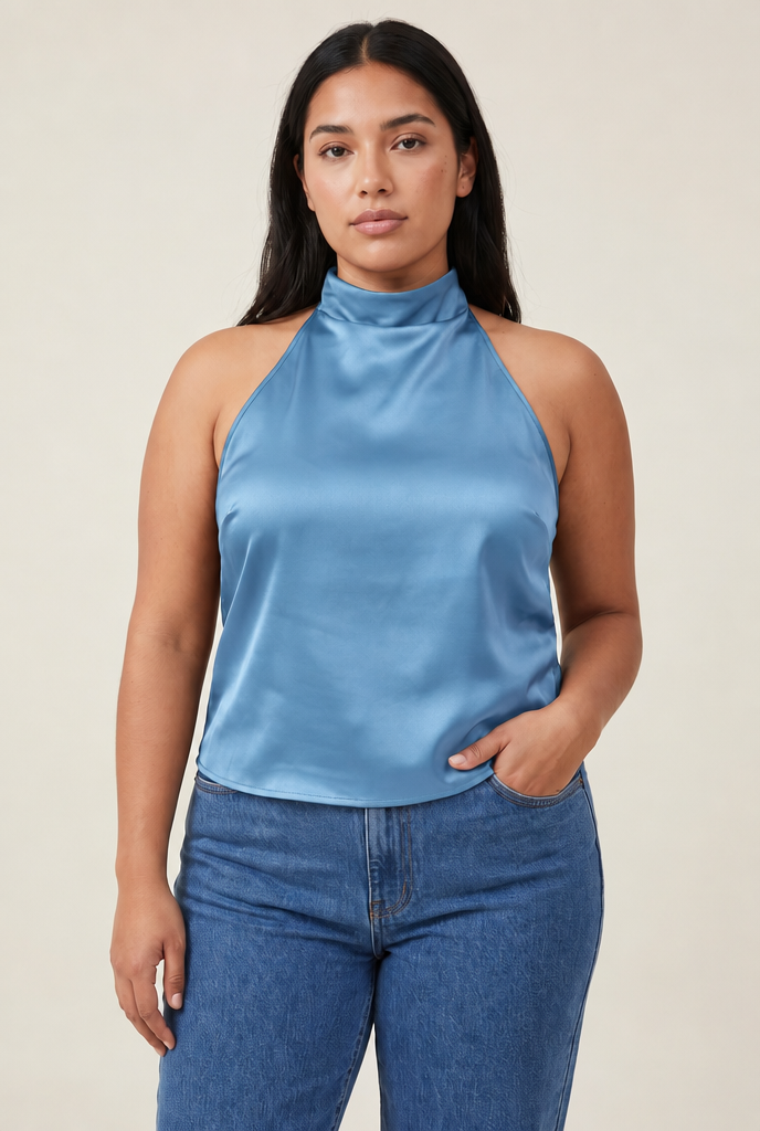 Halter Satin Backless Corset Top in Lake Blue