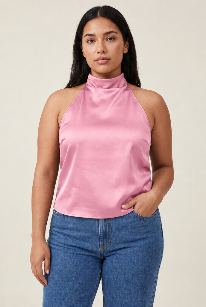 Halter Satin Backless Corset Top in Pink