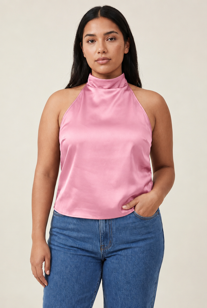 Halter Satin Backless Corset Top in Pink